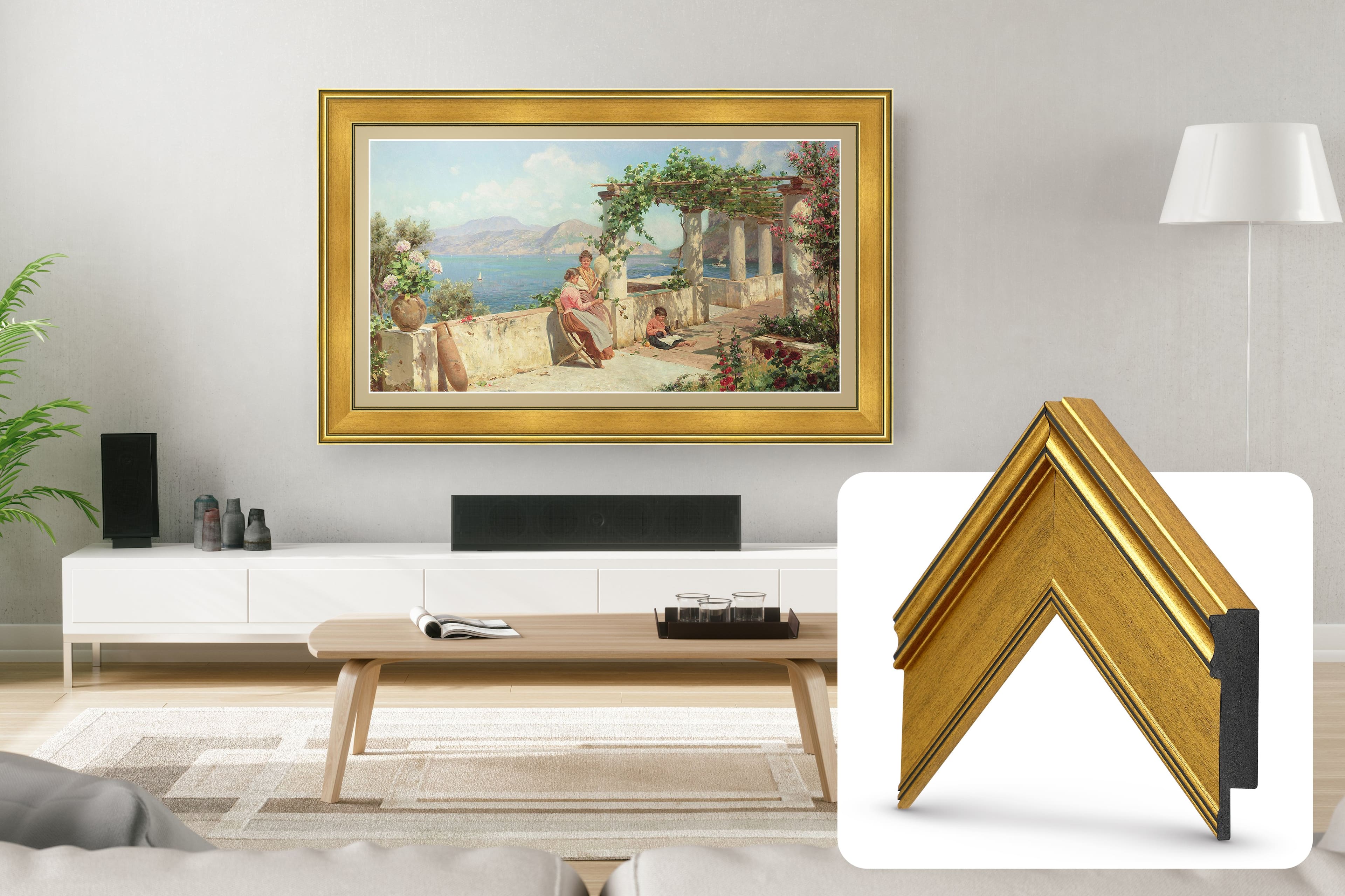 Front. Deco TV Frames - Premiere Bezel for Samsung the Frame TV - 43" - Antique Gold.