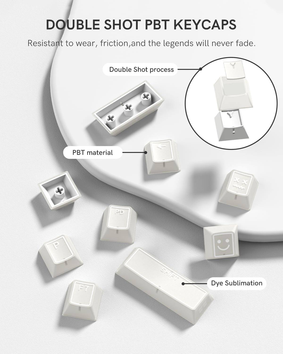 DOUBLE SHOT PBT KEYCAPS

Resistant to wear, friction, and the legends will never fade.

- Double Shot process
- PBT material
- Dye Sublimation