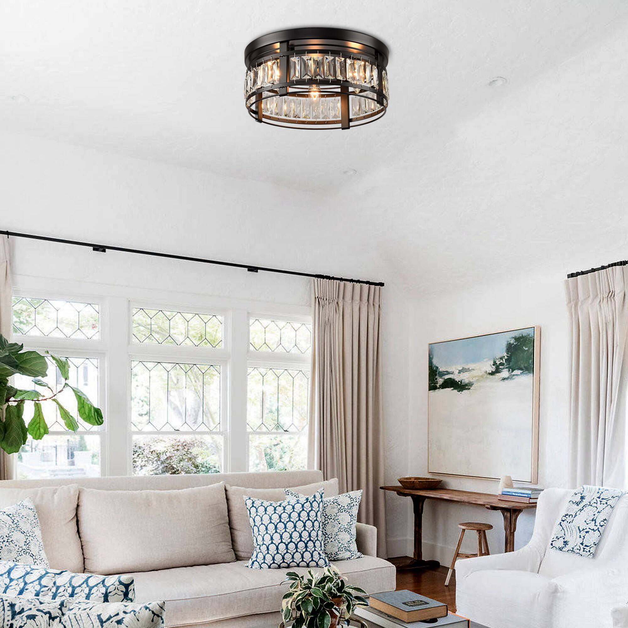 Left. Parrot Uncle - 13.3" Modern Black 3-Light Crystal Hallway Flush Mount Chandelier - Black.