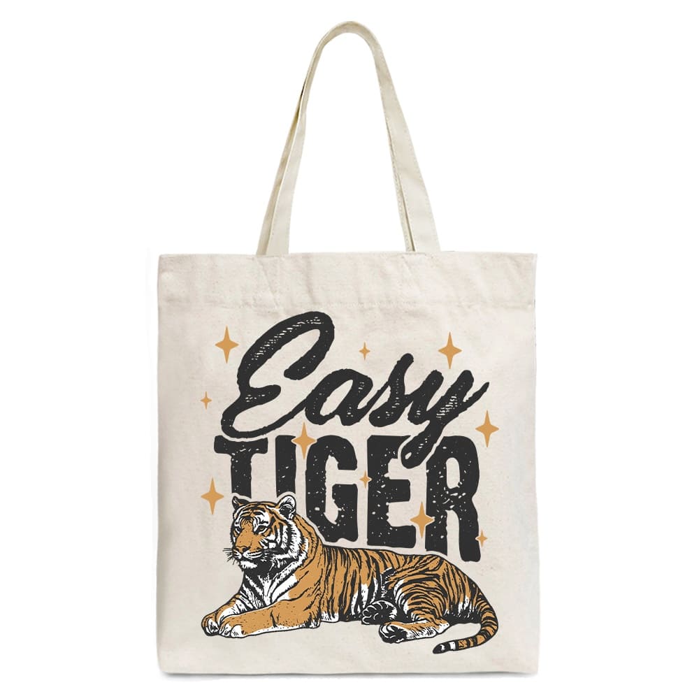 OrnamentallyYou - Tiger Retro Grunge Canvas Tote Bag, Vintage Gift Shopper With Wild Animal - Beige