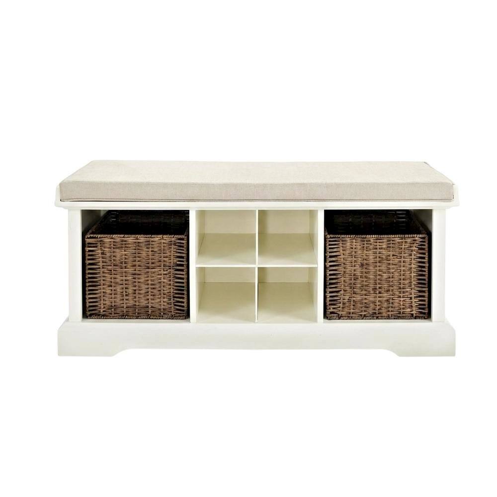 Left. FurniFact - White Entryway Storage Bench - White.