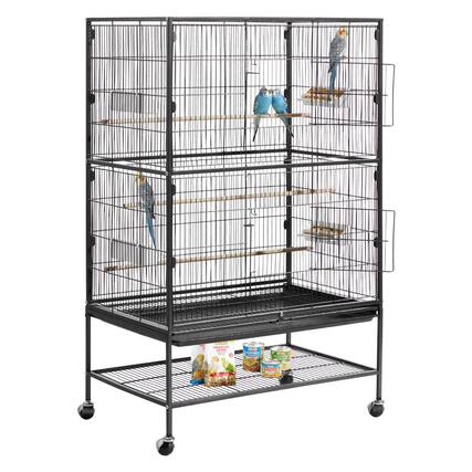 Front. VEVOR - Bird Cage, 31.5 x 20.5 x 52 inch, Flat Top, Wrought Iron Bird Flight Cage with Perches, Slide-Out Tray and Plastic - Black.