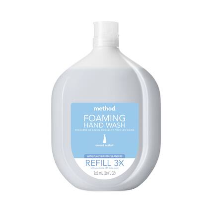method
FOAMING HAND WASH
RECHARGE DE SAVON MOUSSANT POUR LES MAINS
sweet water*
WITH PLANT-BASED CLEANSERS
REFILL 3X
refills your bottle 2.8x to be exact!
828 mL (28 FL OZ)