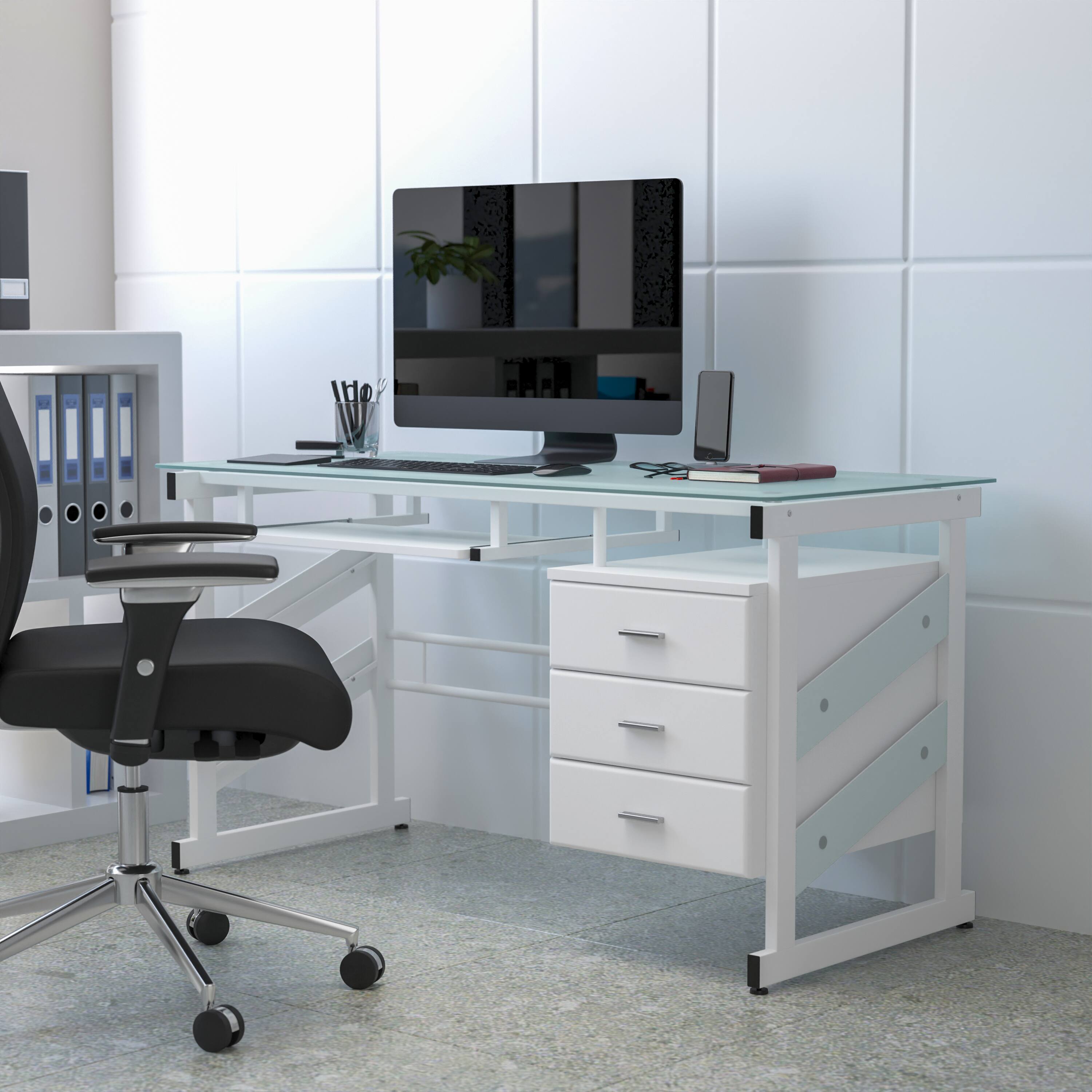 Alt View 1. Emma + Oliver - White Computer Desk with Frosted Glass Top and Three Drawer Pedestal - Frosted Top/White Frame.