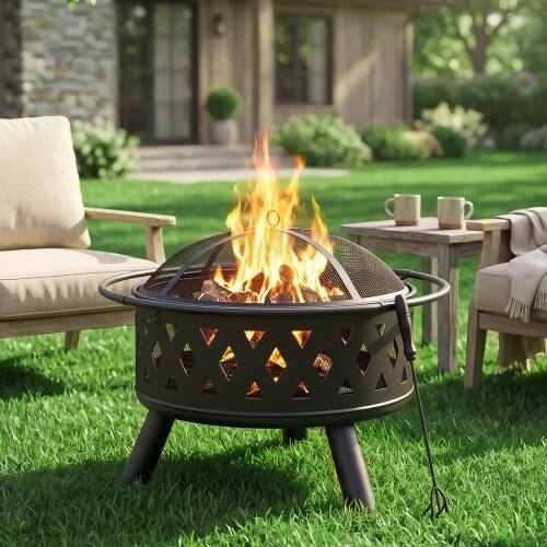 Alt View 9. Winado - 30in Metal Fire Pit Stove, Portable Round Wood Burning with Cover, Handle Ring for Outdoor Camping Garden Party Picnic - Black-Diamond Pattern.
