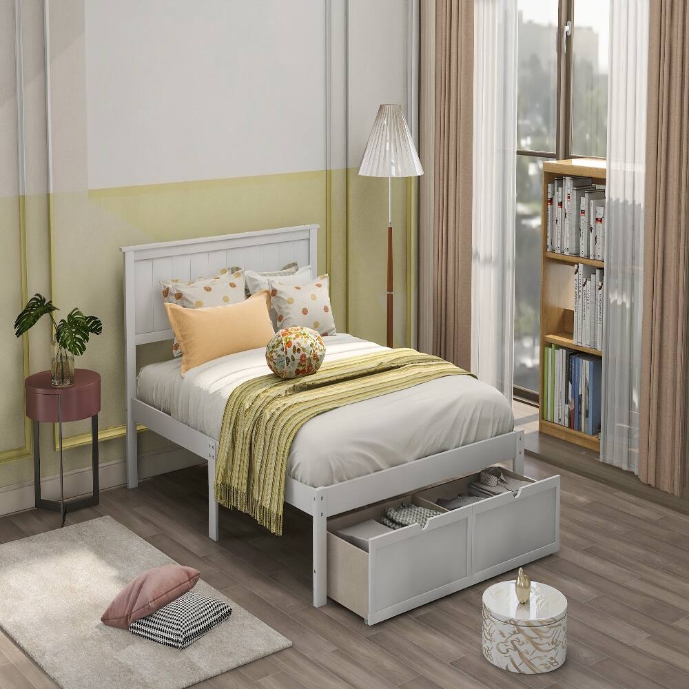 Back. Loheer - Loheer Full Size Platform Bed White Wood Bed with Drawers - White.