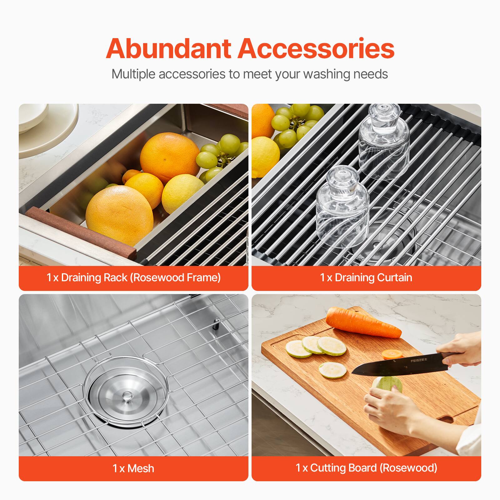 Abundant Accessories
Multiple accessories to meet your washing needs
1 x Draining Rack (Rosewood Frame)
1 x Draining Curtain
1 x Mesh
1 x Cutting Board (Rosewood)