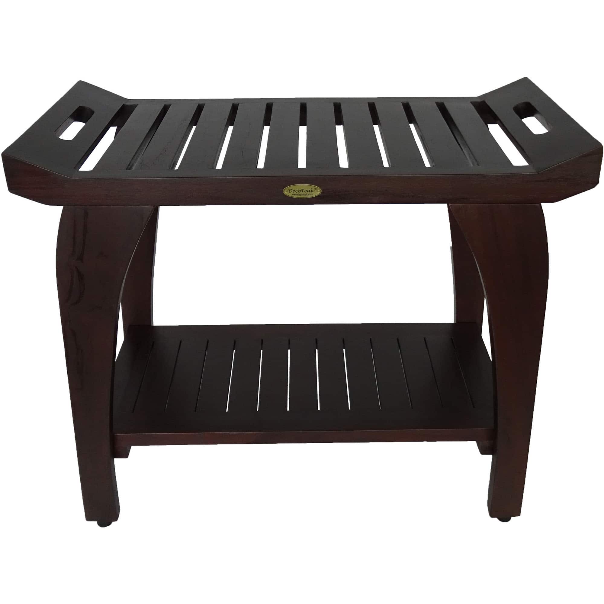 DecoTeak - Tranquility 30"L Teak Wood Shower Bench with Shelf and LiftAide Arms Finish - Extended Height - Woodland Brown