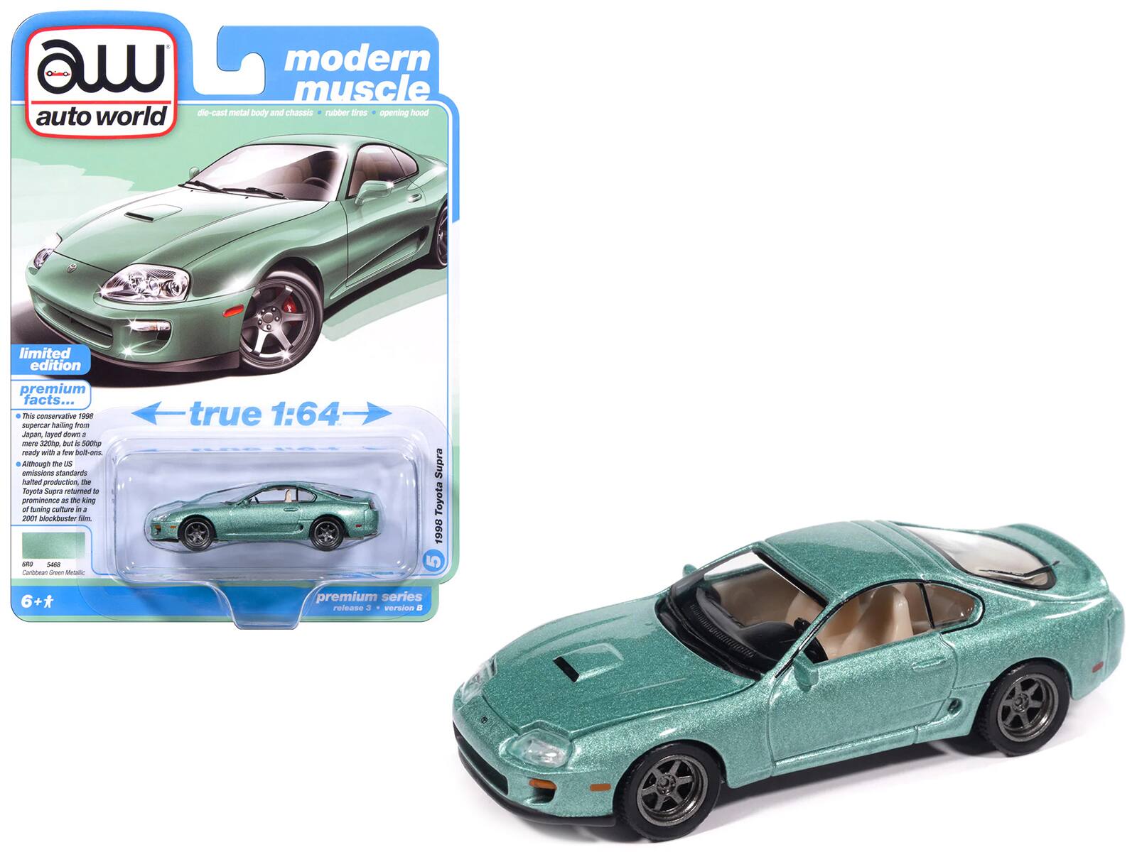 modern muscle auto world die-cast metal body and chassis rubber tires opening hood limited edition premium facts... . this conservative 1998 supercar hailing from Japan, laid down a mere 320hp, but is 500hp - but a 5000g made with a few but-oe a Although the US emissions standards halted production, the Toyota Supra returned to prominence as the king of tuning culture in a 2001 blockbuster film. true 1:64 - Supra Toyota 1998 5 6+* premium series release J version