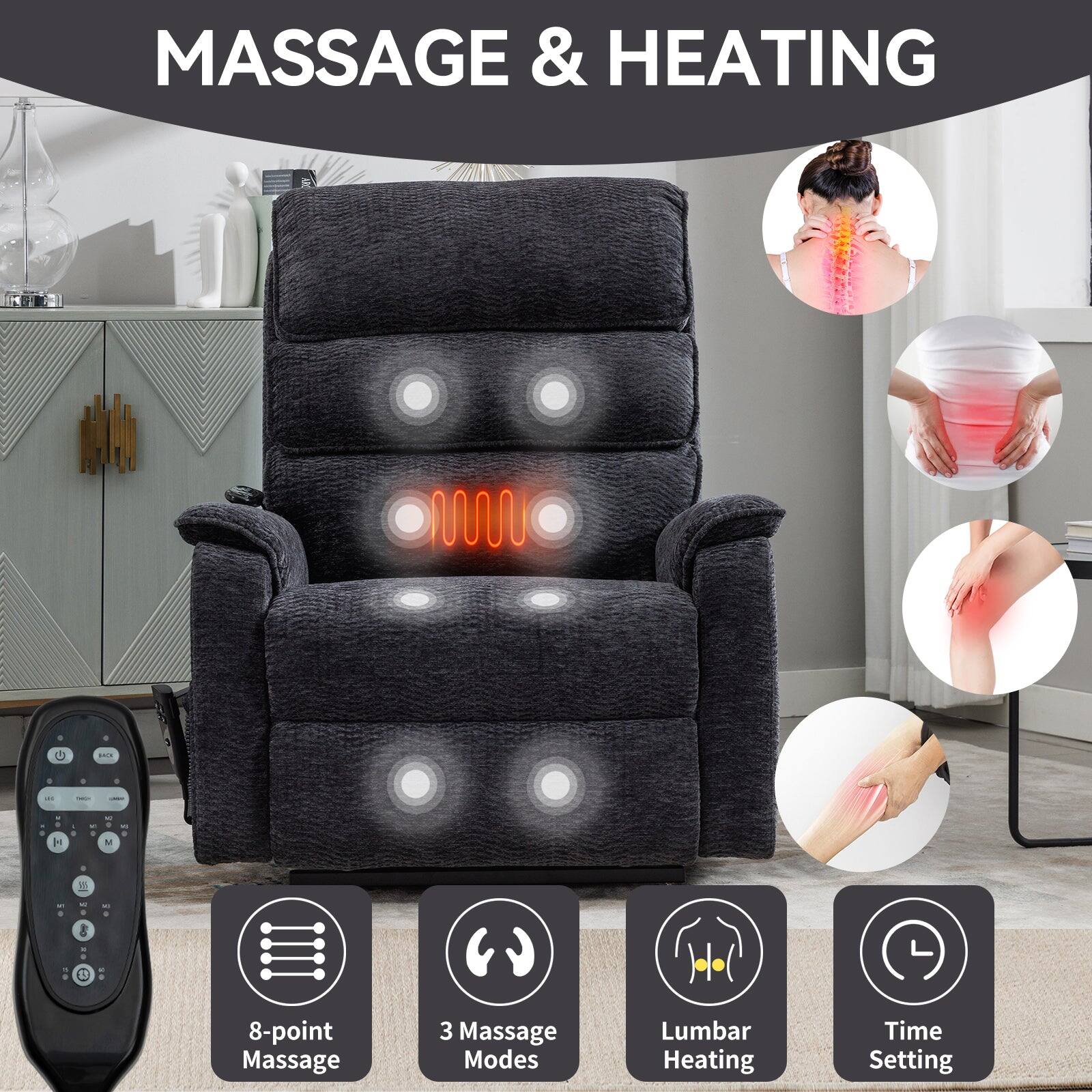 MASSAGE & HEATING

- 8-point Massage
- 3 Massage Modes
- Lumbar Heating
- Time Setting