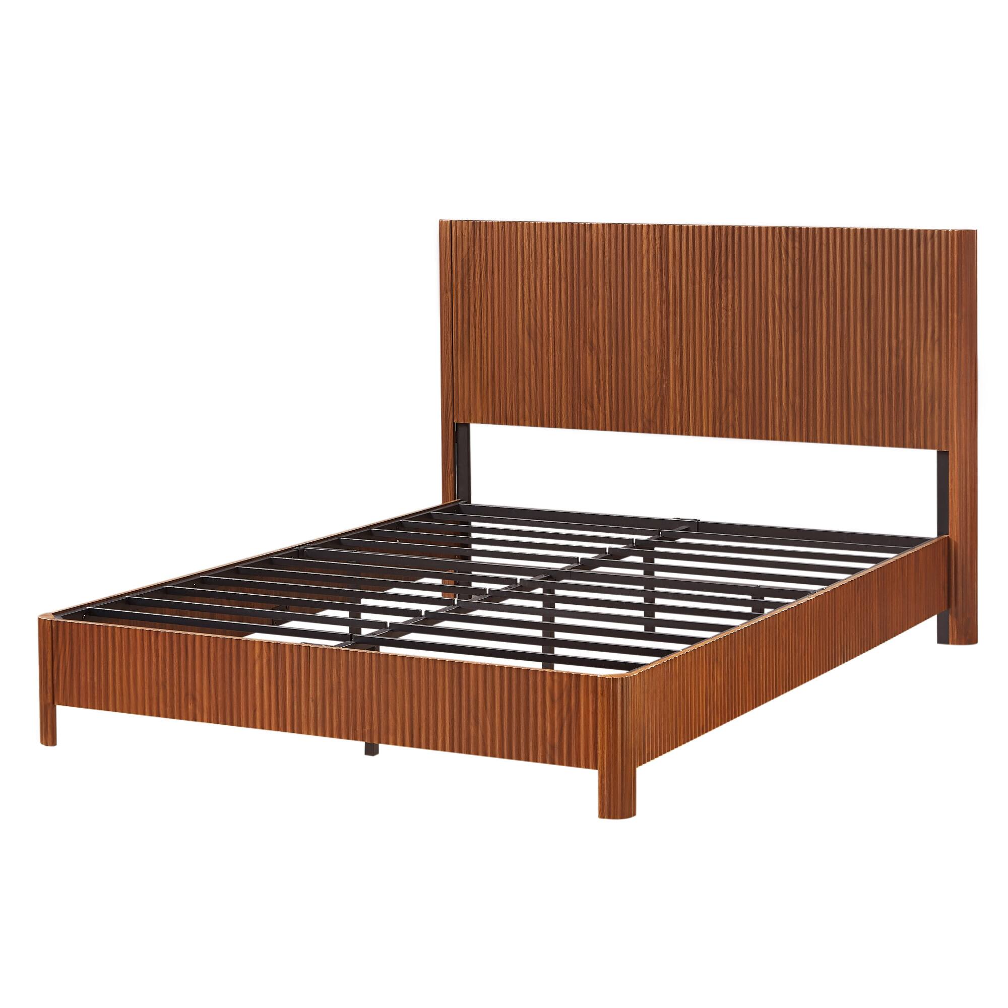 Alt View 6. GOODSILO - Queen Size Curved Wood Accent Platform Bed Frame with Rustic Corrugated Design and Heavy Duty Metal Support - Walnut.
