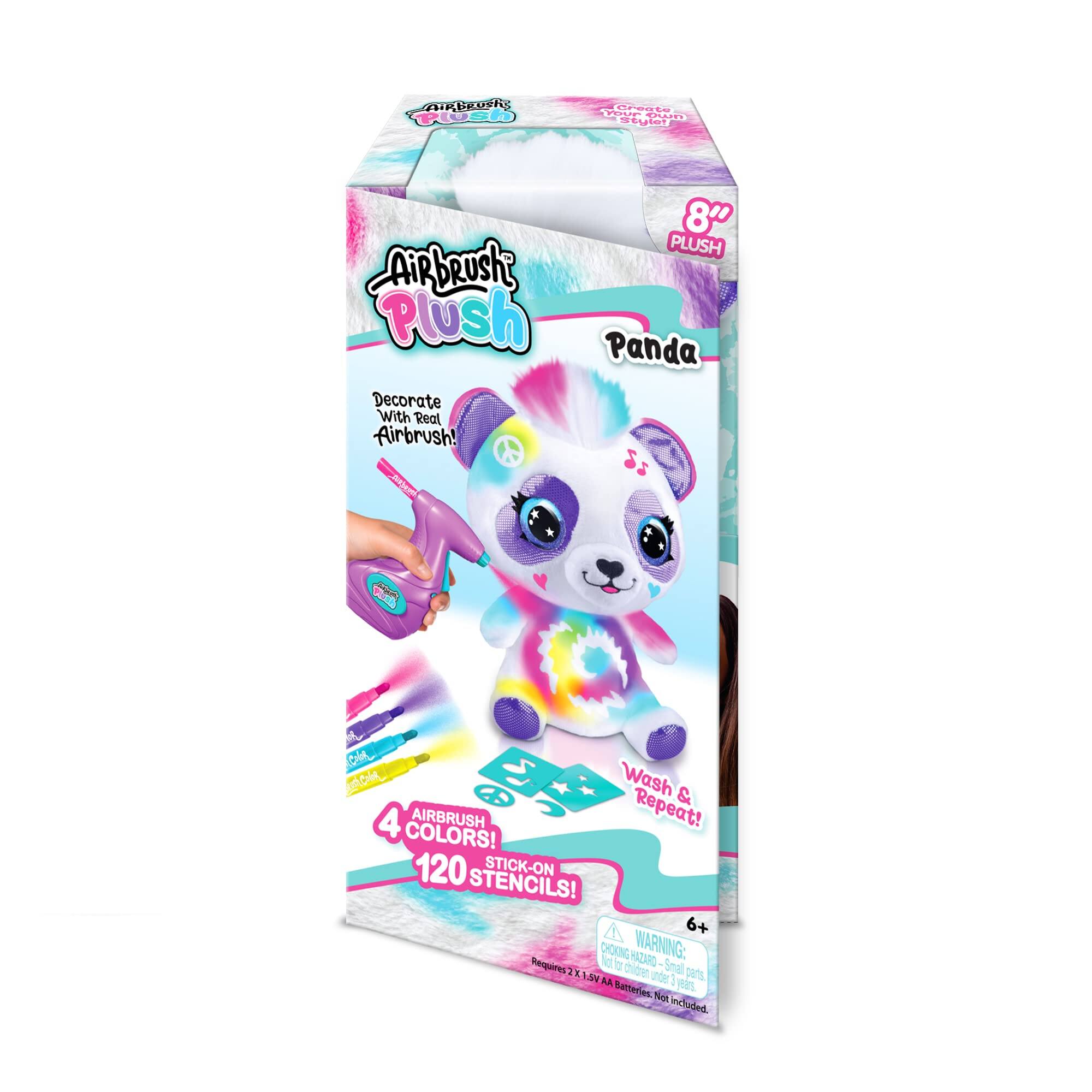 AIKERO SKC FUER - CCedCO L C OPO. Stglet 8"0 PLUSH Airbrush Plush Panda Decorate With Real Airbrush! 2eri RS ol S pi  Wash & 4 AIRBRUSH Repeat! COLORS! 120 STICK-ON STENCILS! 6+ DOG HAZARO WARNING: Rengaires ld b Smal 1 1 11 W. dide uoe parts MA 1 ye0. Butteries. Not we luded.