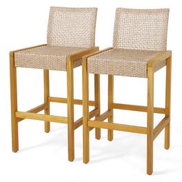Costway - Set of 2 Patio Wood Barstools Rattan Bar Height Chairs with Backrest Porch Balcony - Light Brown,Teak