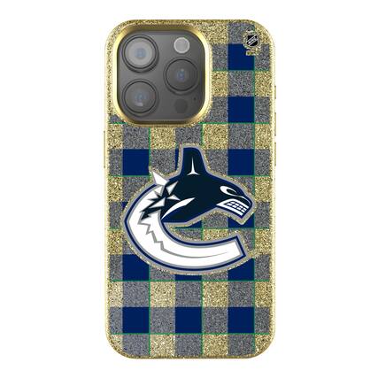Front. Keyscaper - Vancouver Canucks Plaid Bling iPhone Case - 16 Plus - Gold.