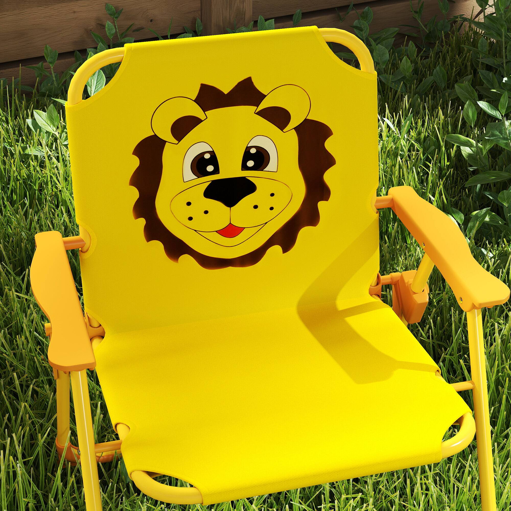Alt View 4. Qaba - Kids Picnic Table and Chair Set, Outdoor Activity Table with Foldable Chairs, Removable Umbrella, Lion Pattern - Yellow.
