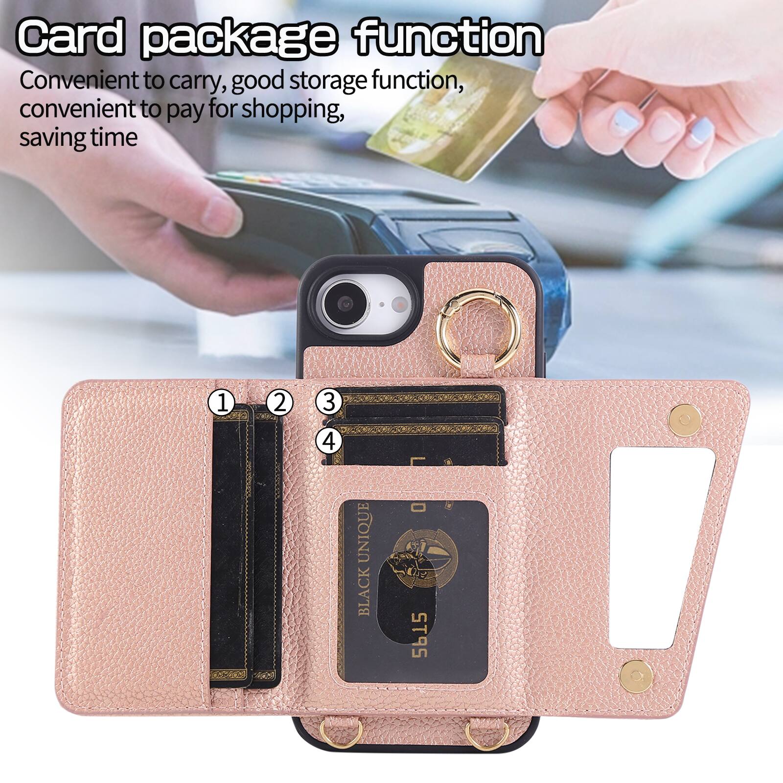 Card package function  
Convenient to carry, good storage function, convenient to pay for shopping, saving time  

1 2 3 4 - UNIQUE BLACK - 5615