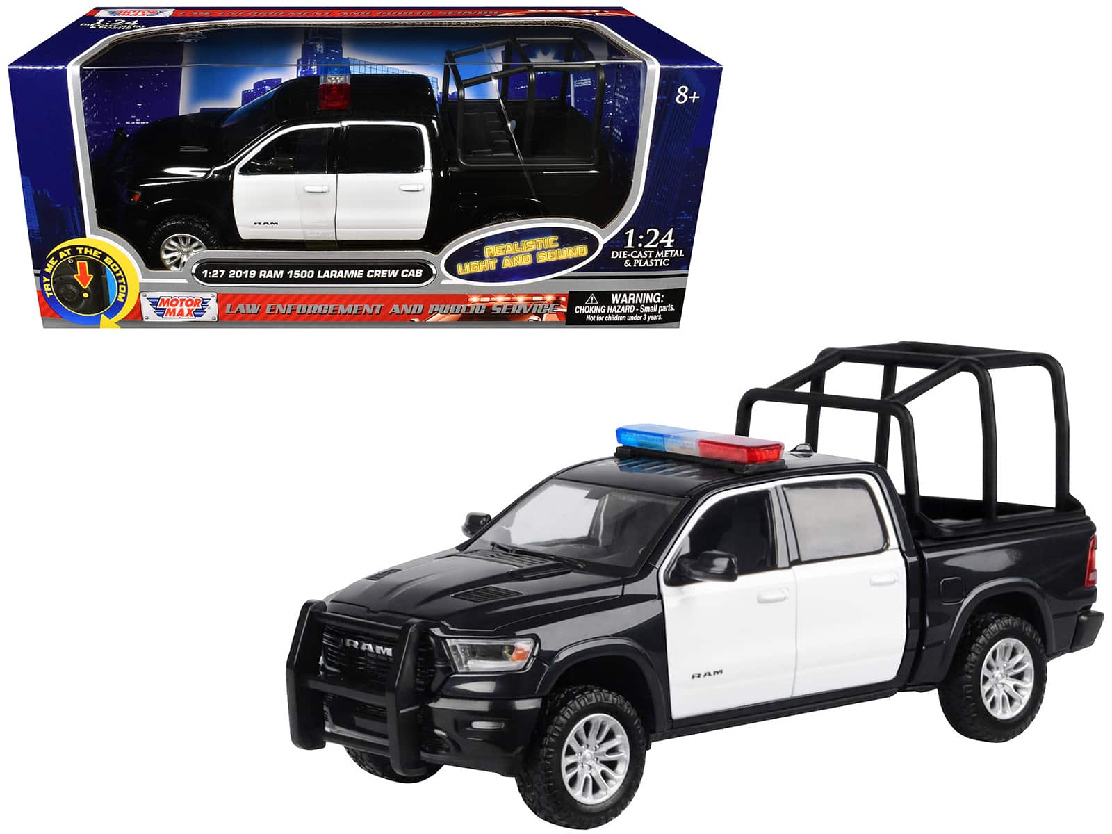 Motormax - 2019 RAM 1500 Laramie Crew Cab Pickup Truck, Bed Cage, Black & White, Flashing Light Bar, Lights & Sounds 1/27 - Black and White