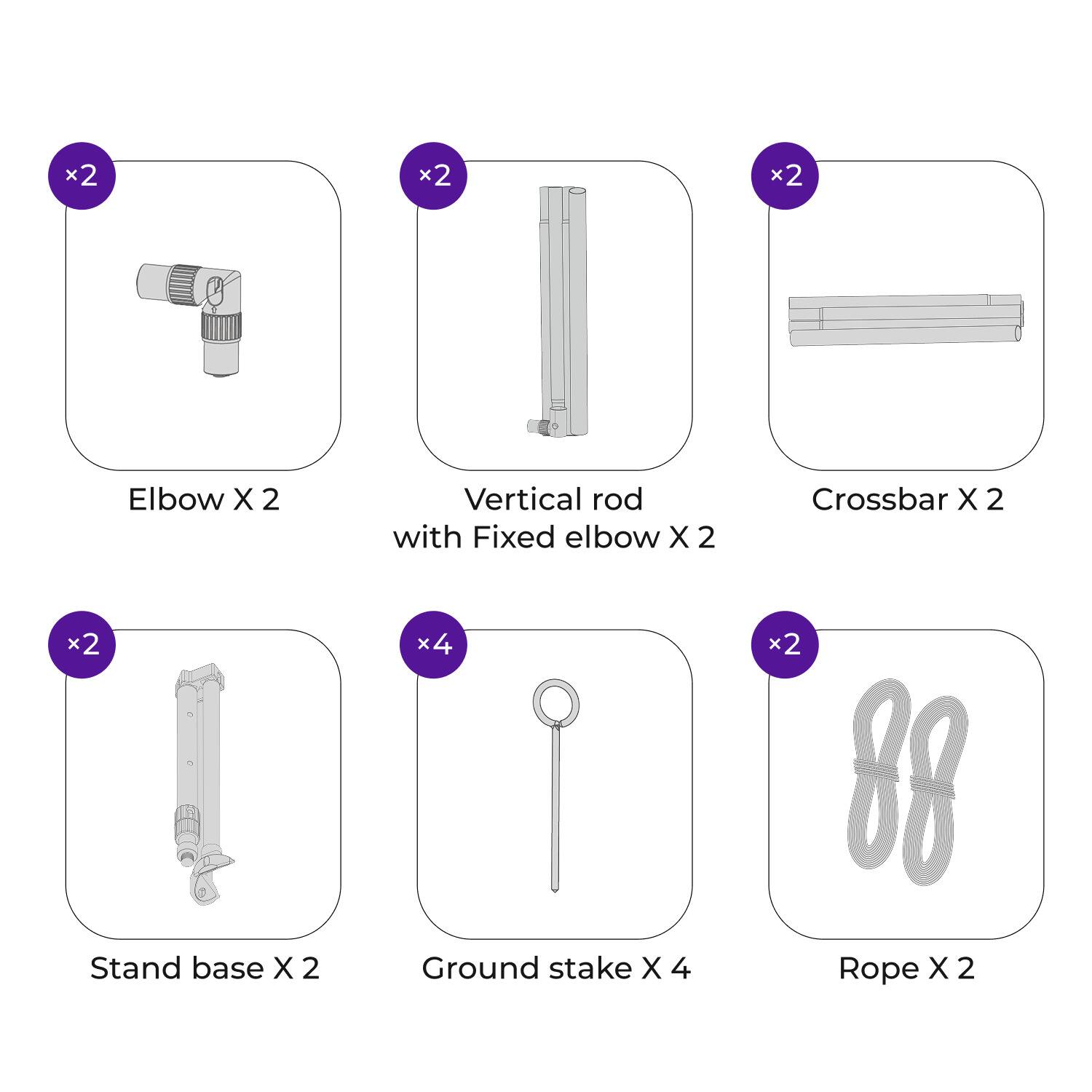 x2, x2, x2, Elbow X 2, Vertical rod with Fixed elbow X 2, Crossbar X 2, x, x2, Stand base X 2, x4, x, Ground stake X 4, x, x2, 88, Rope X 2