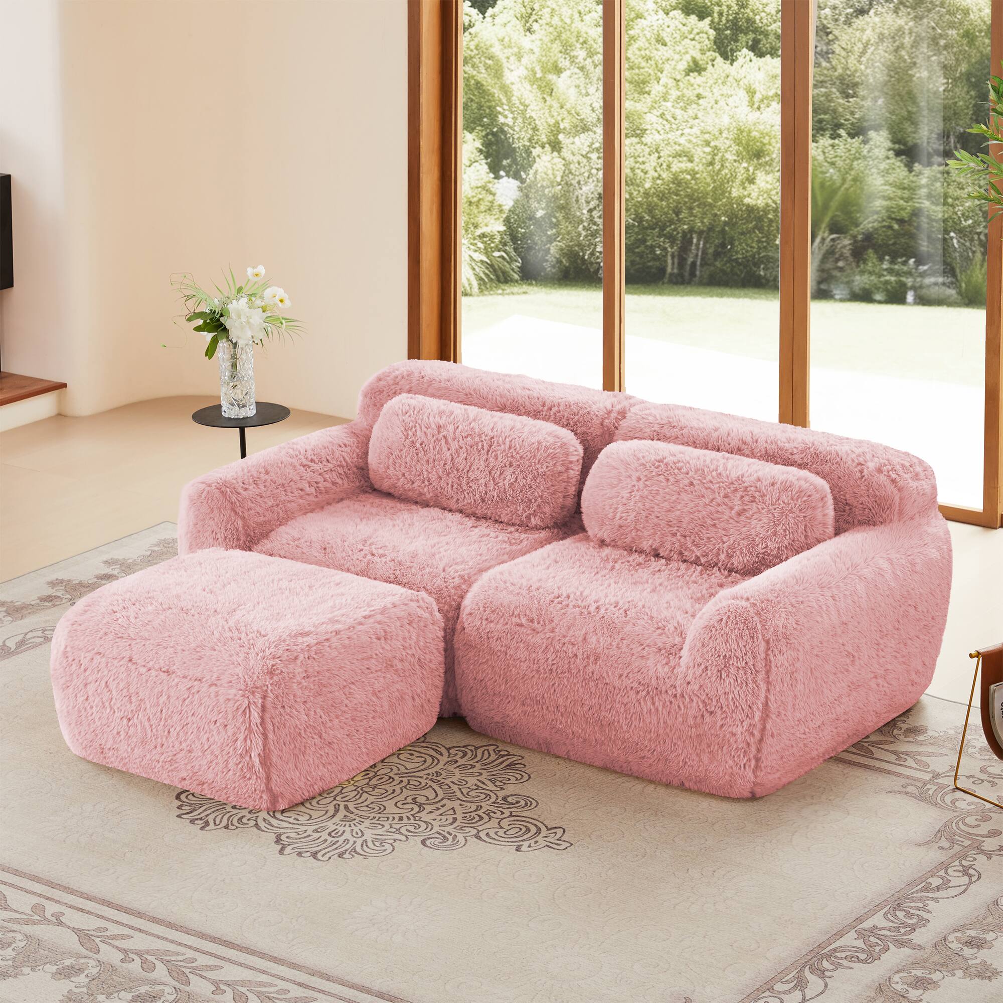Left. Aukfa - L-Shaped Boneless Sofa - Soft Fluffy Plush Fabric with Chaise, 32D High Density Sponge, No Assembly Required - Pink.