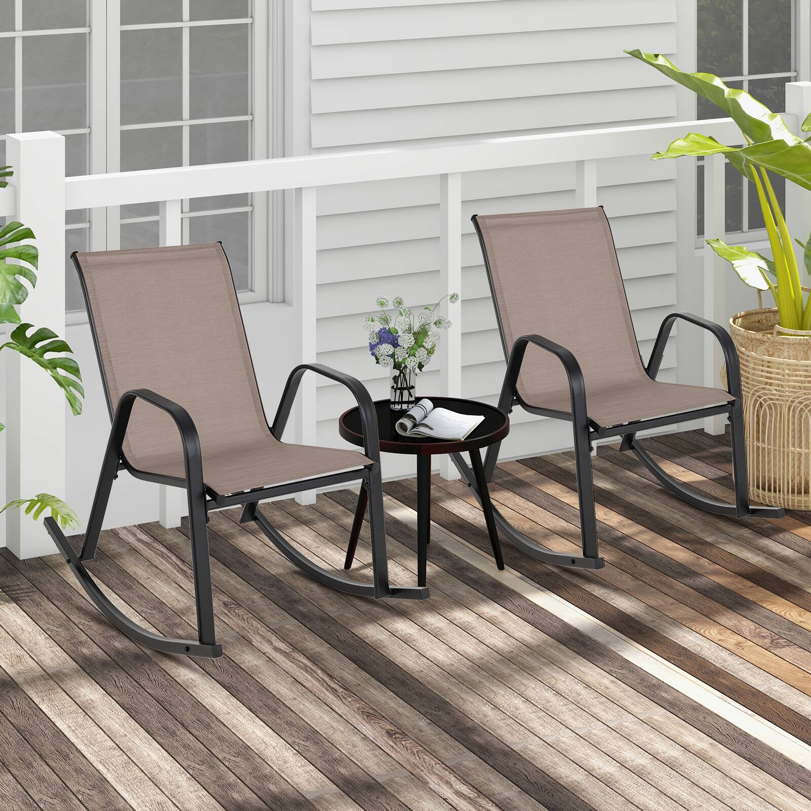 Alt View 1. Gymax - Gymax Set of 2 Metal Rocking Chair Heavy-Duty Rocker Outdoor Anti-Slip Brown Patio - Brown, Black.