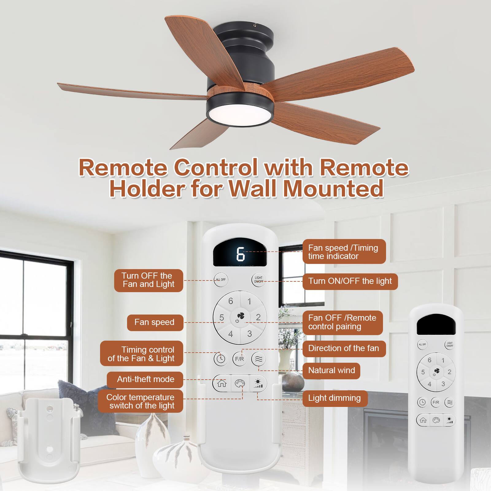Remote Control with Remote Holder for Wall Mounted

1. Turn OFF the Fan and Light
2. Fan speed
3. Timing control of the Fan & Light
4. Anti-theft mode
5. Color temperature switch of the light
6. Fan speed / Timing time indicator
7. Turn ON/OFF the light
8. Fan OFF / Remote control pairing
9. Direction of the fan
10. Natural wind
11. Light dimming