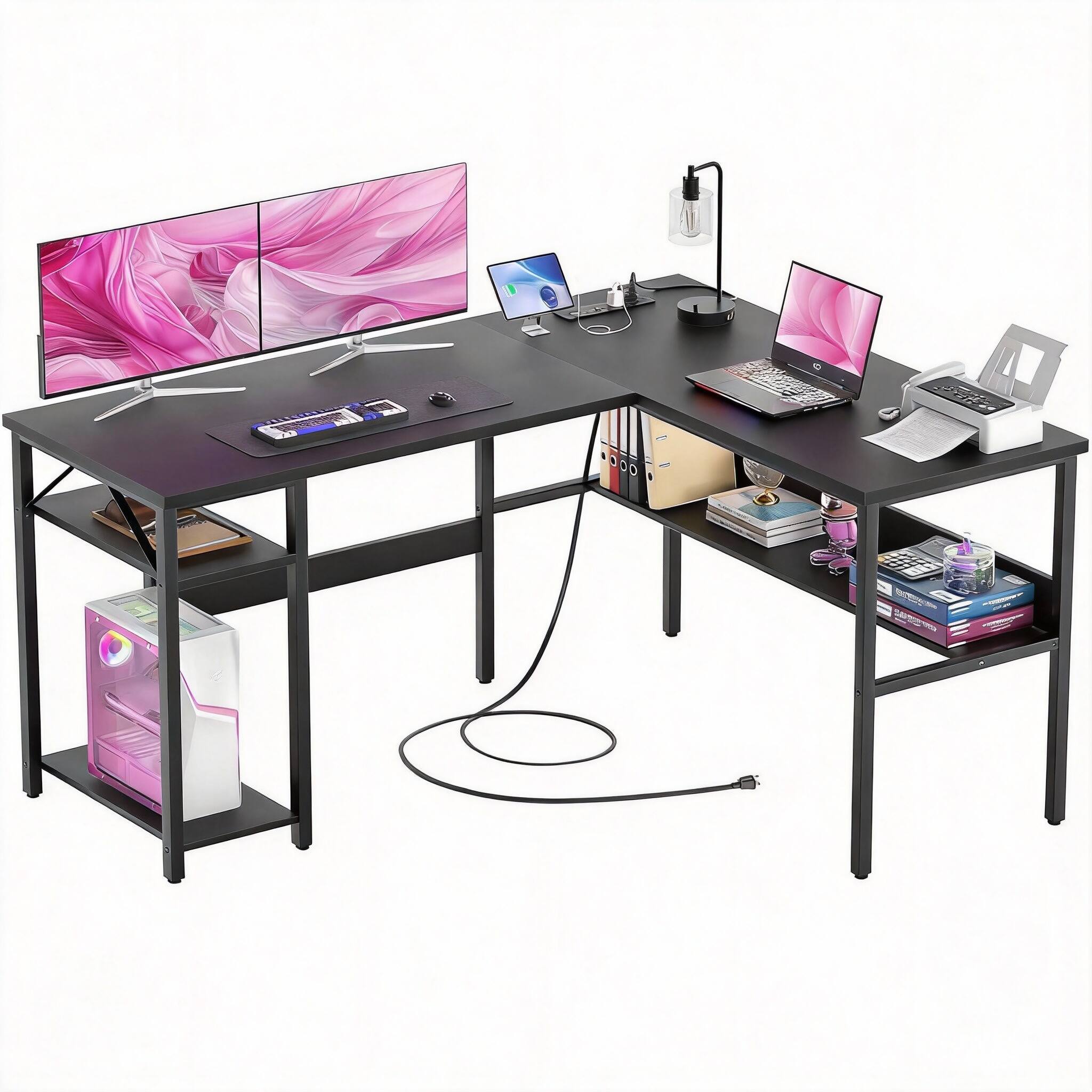 Black L Shaped Desk 3 configs 3 outlets 2 USBs