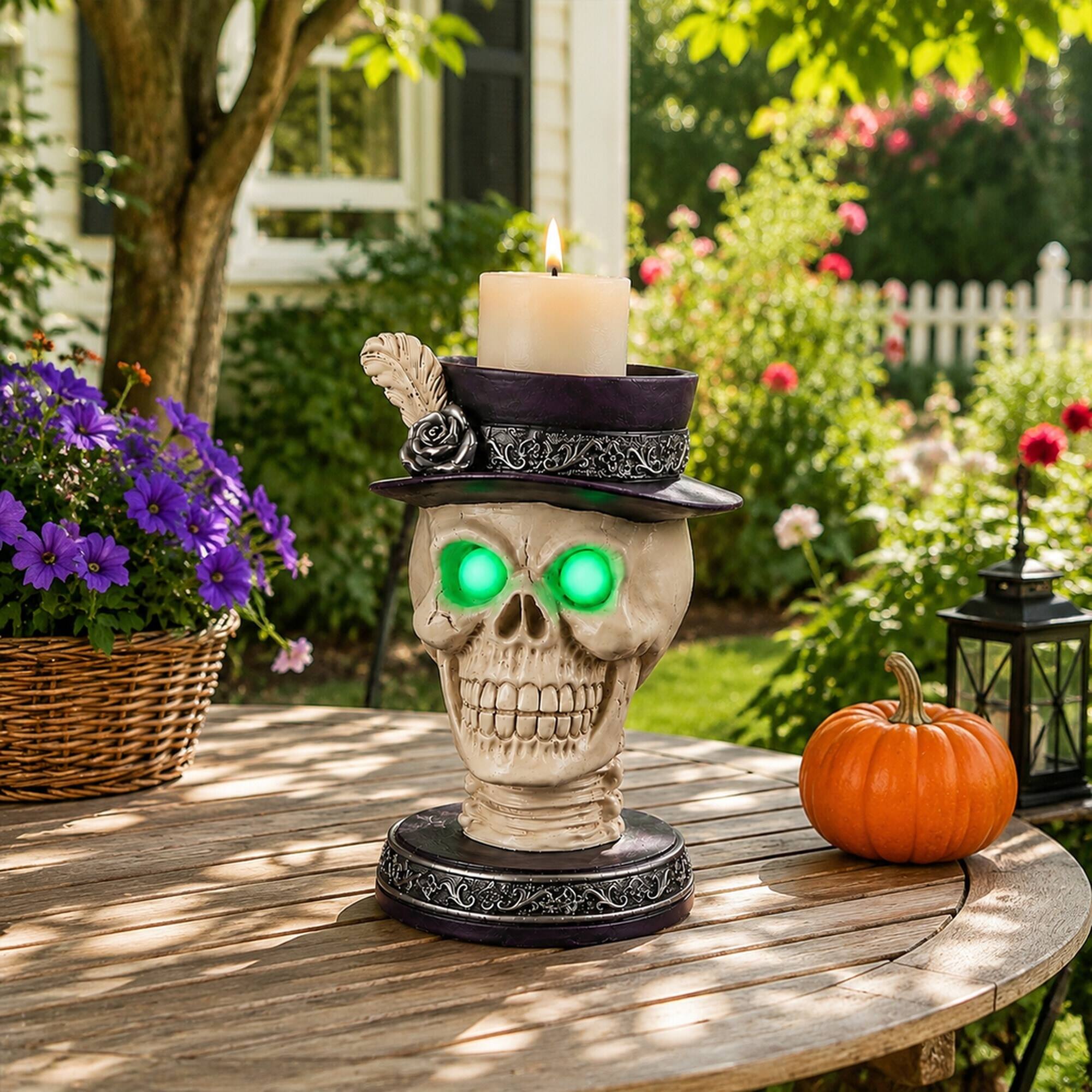 Alt View 2. RYHNUYNE - Gothic Skull Candle Holder Statue with Glowing Green LED Eyes and Victorian Feather Top Hat for Spooky Halloween - Black.