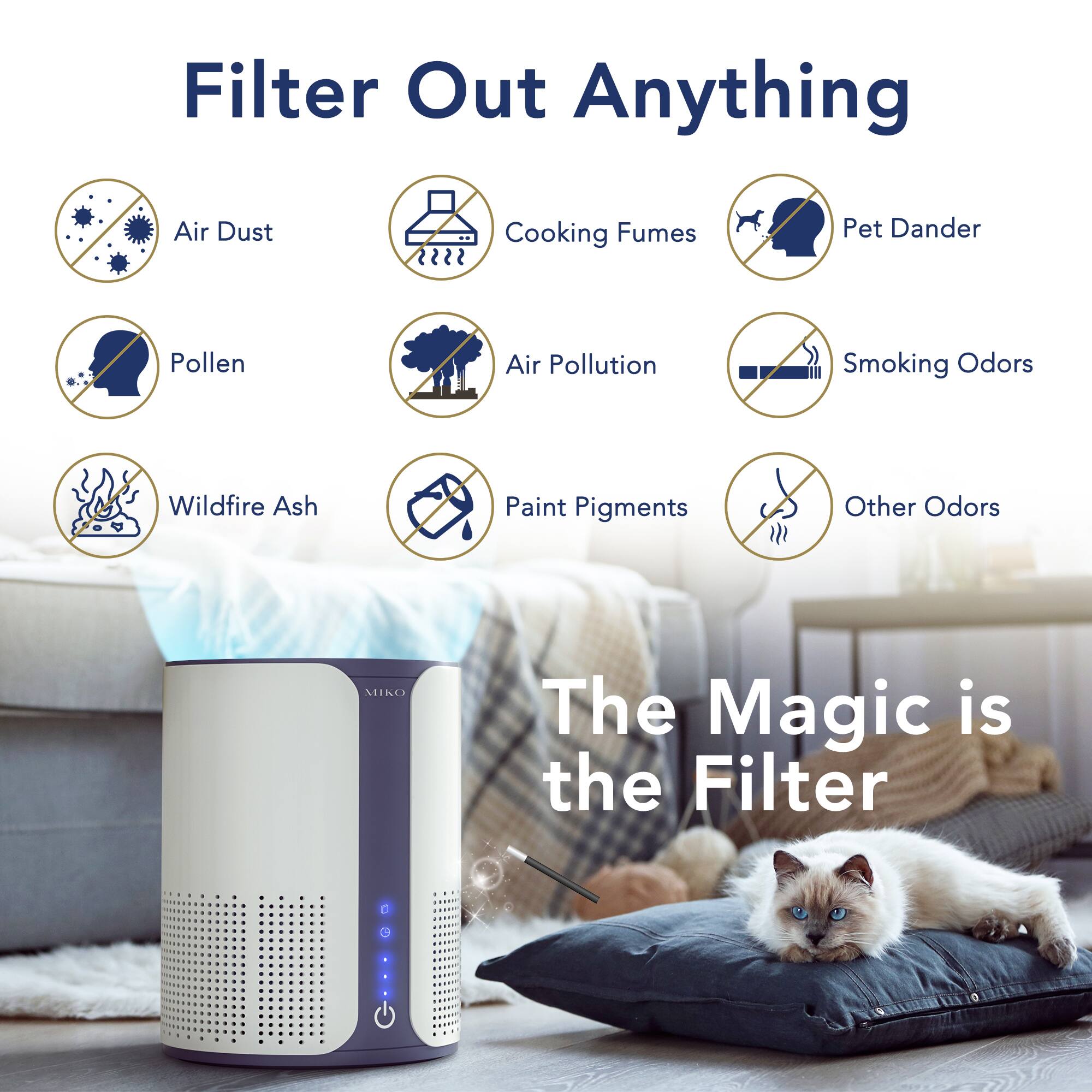 Filter Out Anything

Air Dust
Cooking Fumes
Pet Dander
Pollen
Air Pollution
Smoking Odors
Wildfire Ash
Paint Pigments
Other Odors

The Magic is the Filter