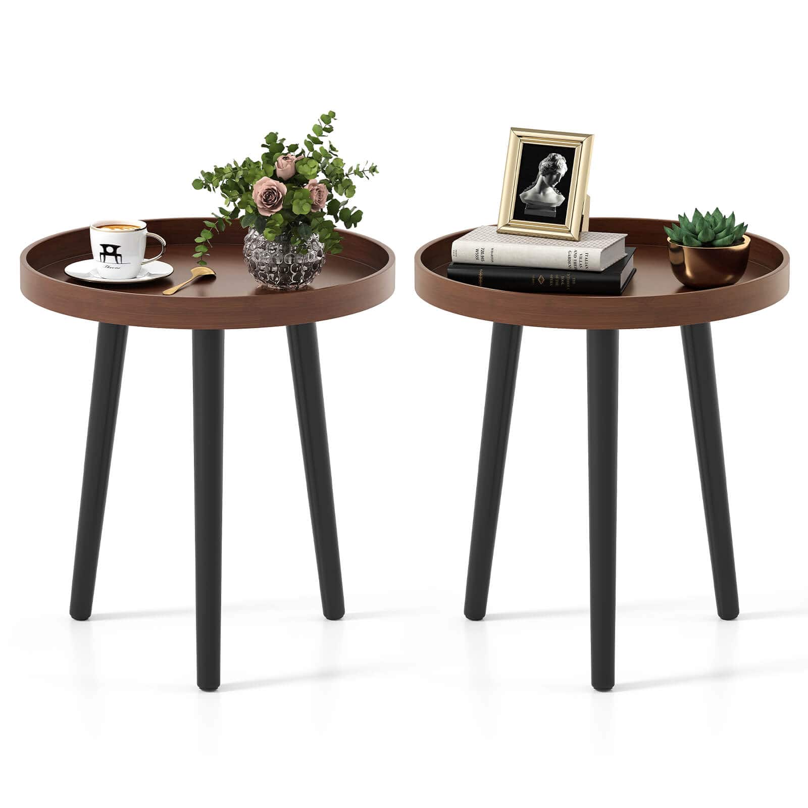 Costway - 2 PCS Round Side Table Sofa Coffee End Accent Table Nightstand Home Furniture - Brown