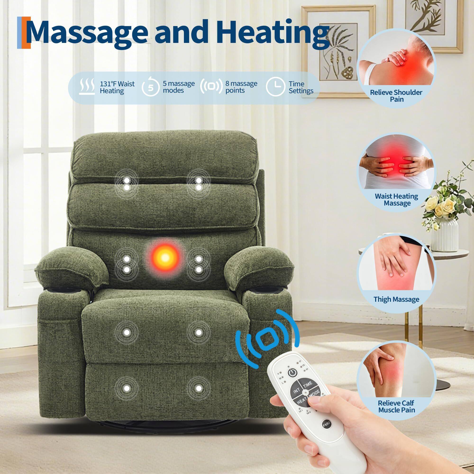 Massage and Heating

- 131°F Waist Heating
- 5 massage modes
- 8 massage points

Time Settings

- Relieve Shoulder Pain
- Waist Heating Massage
- Thigh Massage
- Relieve Calf Muscle Pain