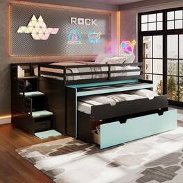 Whisen - Gaming Loft Bed with Pull-Out Desk,Trundle and Storage Stairs,Multi-Functional Workstation Bed Frame - Black+Blue