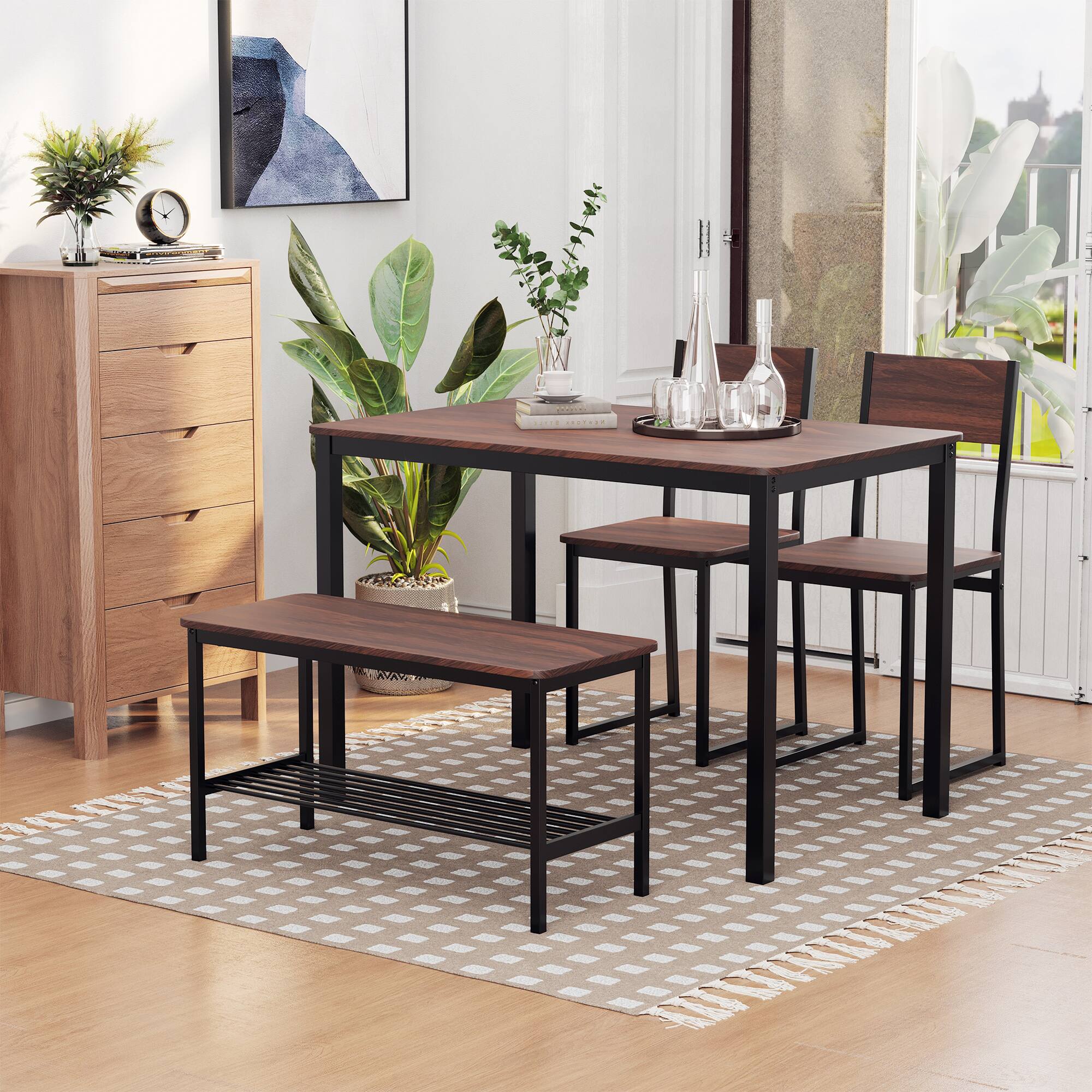 Alt View 1. Homcom - Industrial 4 Piece Dining Room Table Set with Bench Wooden Kitchen Table and Chairs w/ Storage Rack for Kitchen, Dinette - brown.