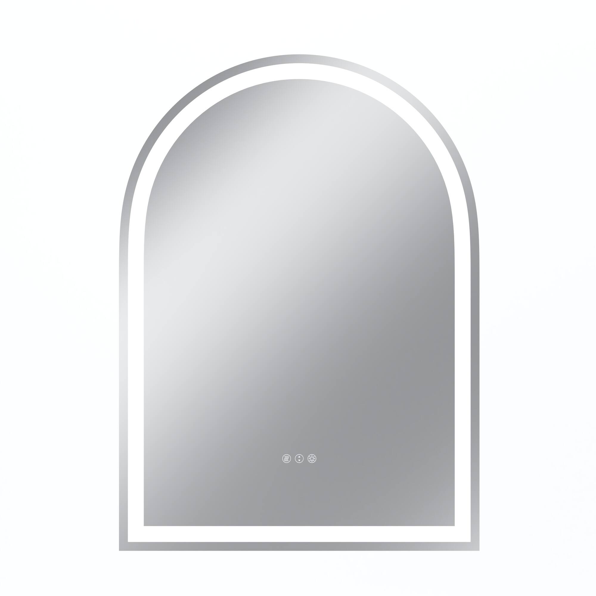 Front. Boyel Living - 32 x 43 in Rectangle Aluminum Frame Arched Mirror with Front Light and Anti-Distortion Glass.