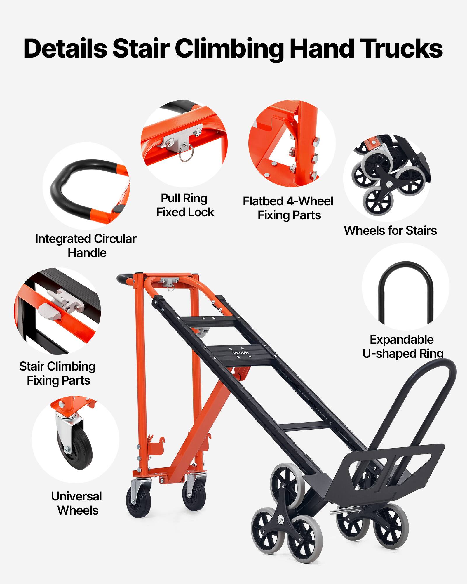 Details Stair Climbing Hand Trucks

- Integrated Circular Handle
- Pull Ring Fixed Lock
- Flatbed 4-Wheel Fixing Parts
- Wheels for Stairs
- Stair Climbing Fixing Parts
- Expandable U-shaped Ring
- Universal Wheels