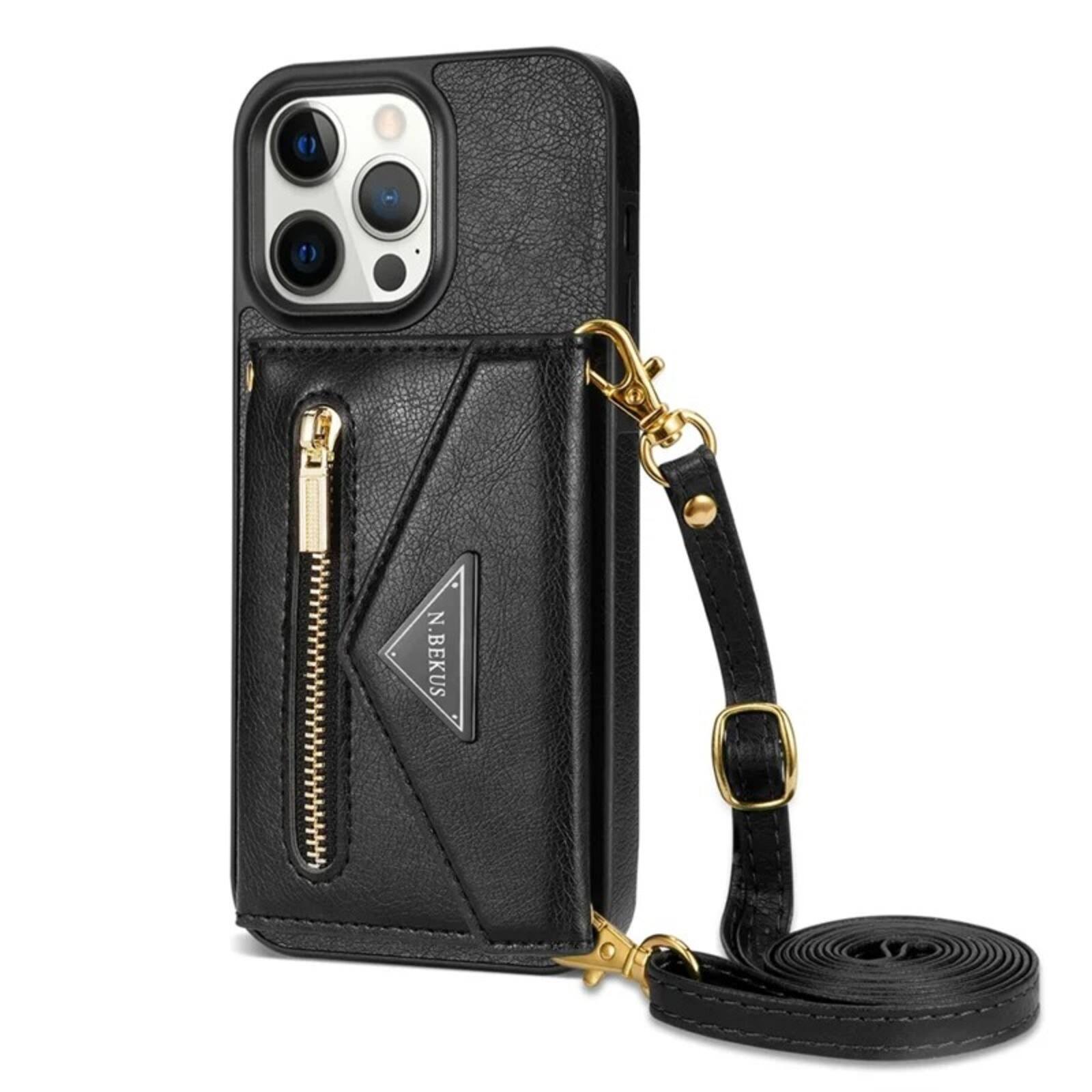 Alt View 4. UUCOVER - Wallet Case for Apple iPhone 16 Pro Max with Card Slots Holder, Zipper Pocket and Shoulder Strap, Flip Kickstand Cover - Black.