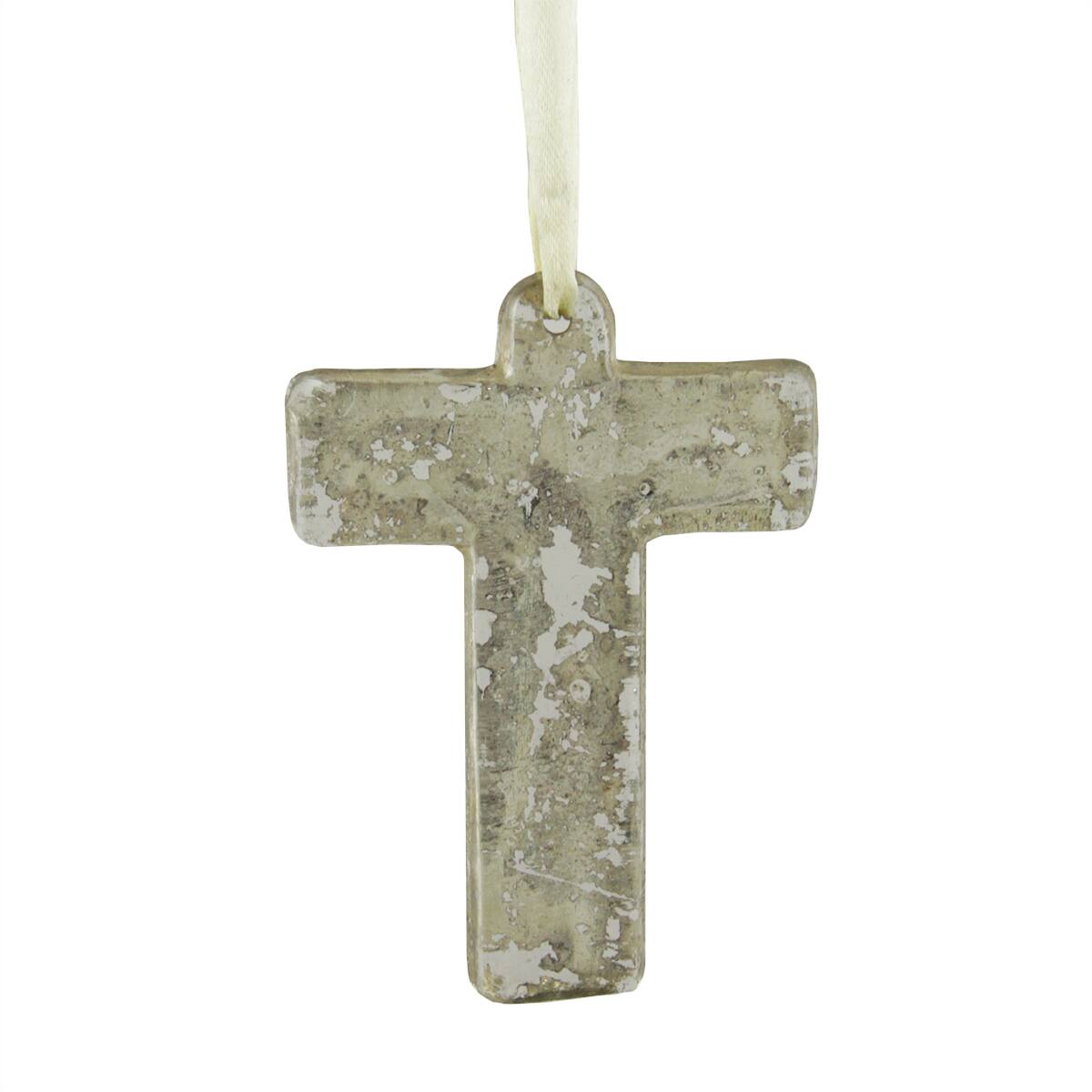 Front. CC Christmas Decor - Speckled Cross Glass Christmas Ornament - 4" - Gray - Gray.