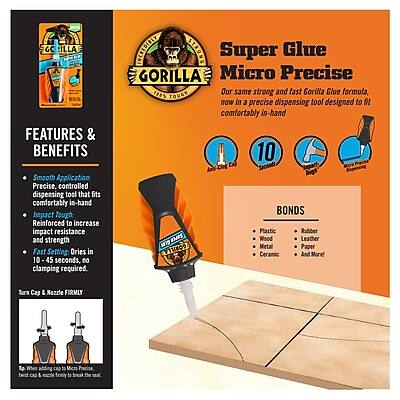 **Super Glue Micro Precise**

**Features & Benefits:**
- Smooth Application: Precise, controlled dispensing tool that fits comfortably in-hand
- Impact Tough: Reinforced to increase impact resistance and strength
- Fast Setting: Dries in 10-45 seconds, clamping required
- INCREDIBLY TOUGH: Our same strong and fast Gorilla Glue formula, now in a precise dispensing tool designed to fit comfortably in-hand

**Bonds:**
- Plastic
- Rubber
- Metal
- Paper
- Ceramic
- And More!

**Tura Cap & Nozzle:**
- Firmly & easily break the tip cap to reveal the nozzle

**Note:**
- The tip cap of the Micro Precise is designed to be broken off to reveal the nozzle.