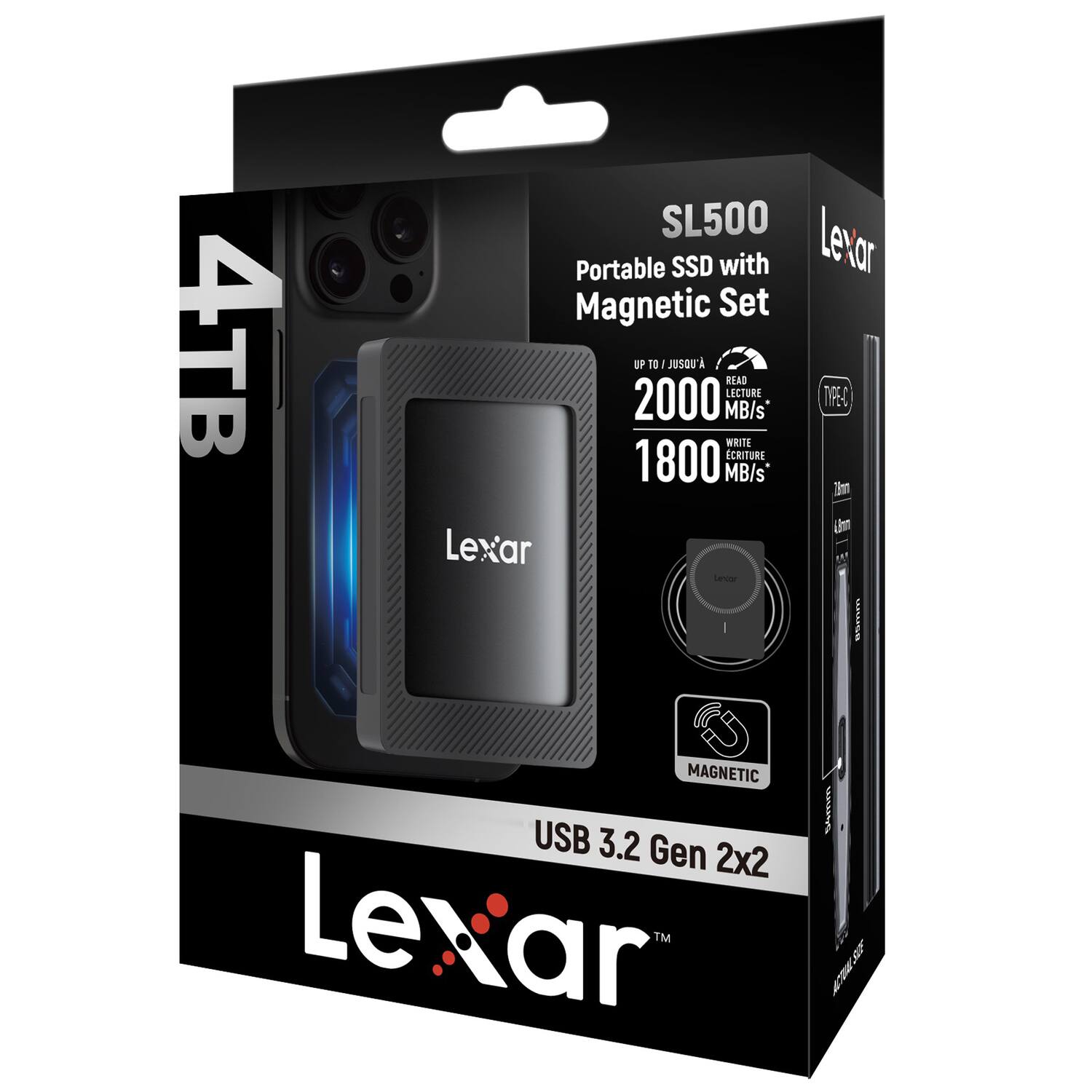 4TB SL500 Portable SSD with Magnetic Set  
UP TO / JUSQU'A 2000 MB/s READ / LECTURE  
1800 MB/s WRITE / ECRITURE  
MAGNETIC  
USB 3.2 Gen 2x2  
Lexar