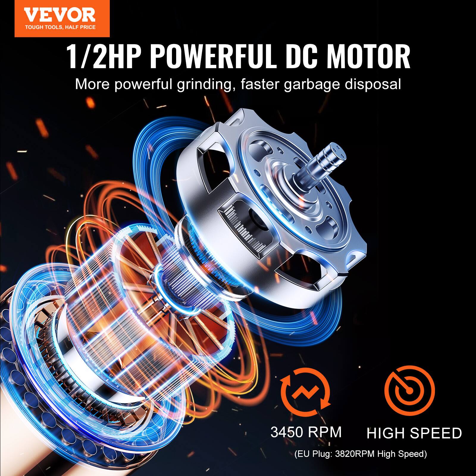 VEVOR TOUGH TOOLS, HALF PRICE

1/2HP POWERFUL DC MOTOR
More powerful grinding, faster garbage disposal

3450 RPM HIGH SPEED
(EU Plug: 3820RPM High Speed)