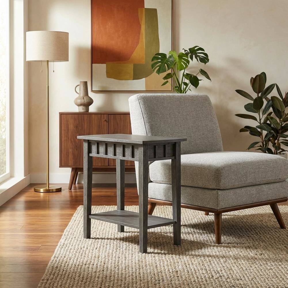 Back. FurniFact - Dark Gray End Table with Shelf and Wirebrush Finish - Dark Gray.