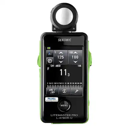 SEKONIC
Y F T 125 ISO 100
CH1 ABCD
F 11 3
10%
1 1.4 2 2.8 4 5.6 8 11 16 22 32 45 64 30
AVE / 4EV 0
Phottix Technology Built-In
MENU
LITEMASTER PRO L-478DR-U