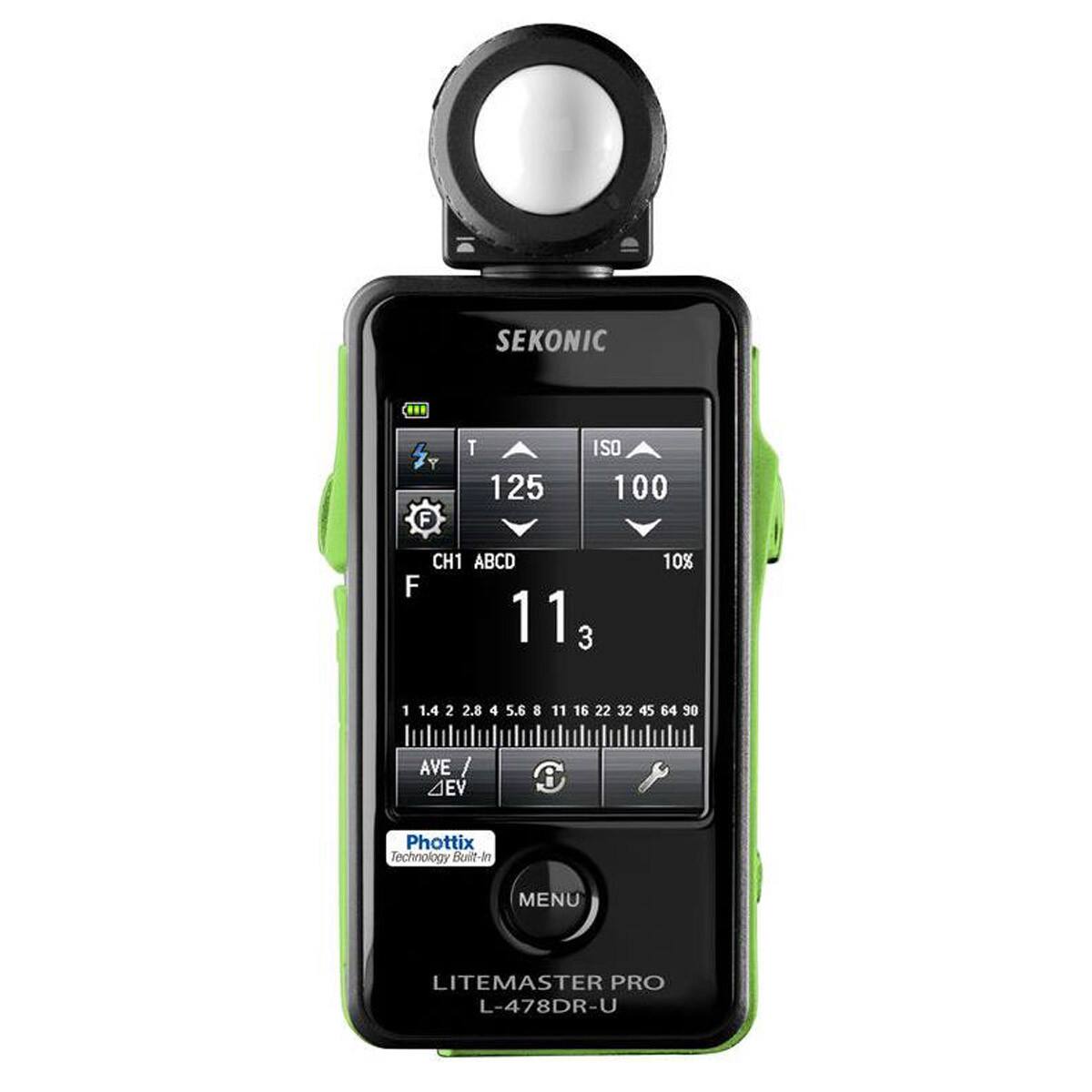 SEKONIC  
Y F T 125 ISO 100  
CH1 ABCD  
F 11 3  
10%  
1 1.4 2 2.8 4 5.6 8 11 16 22 32 45 64 30  
AVE / 4EV 0  
Phottix Technology Built-In  
MENU  
LITEMASTER PRO L-478DR-U