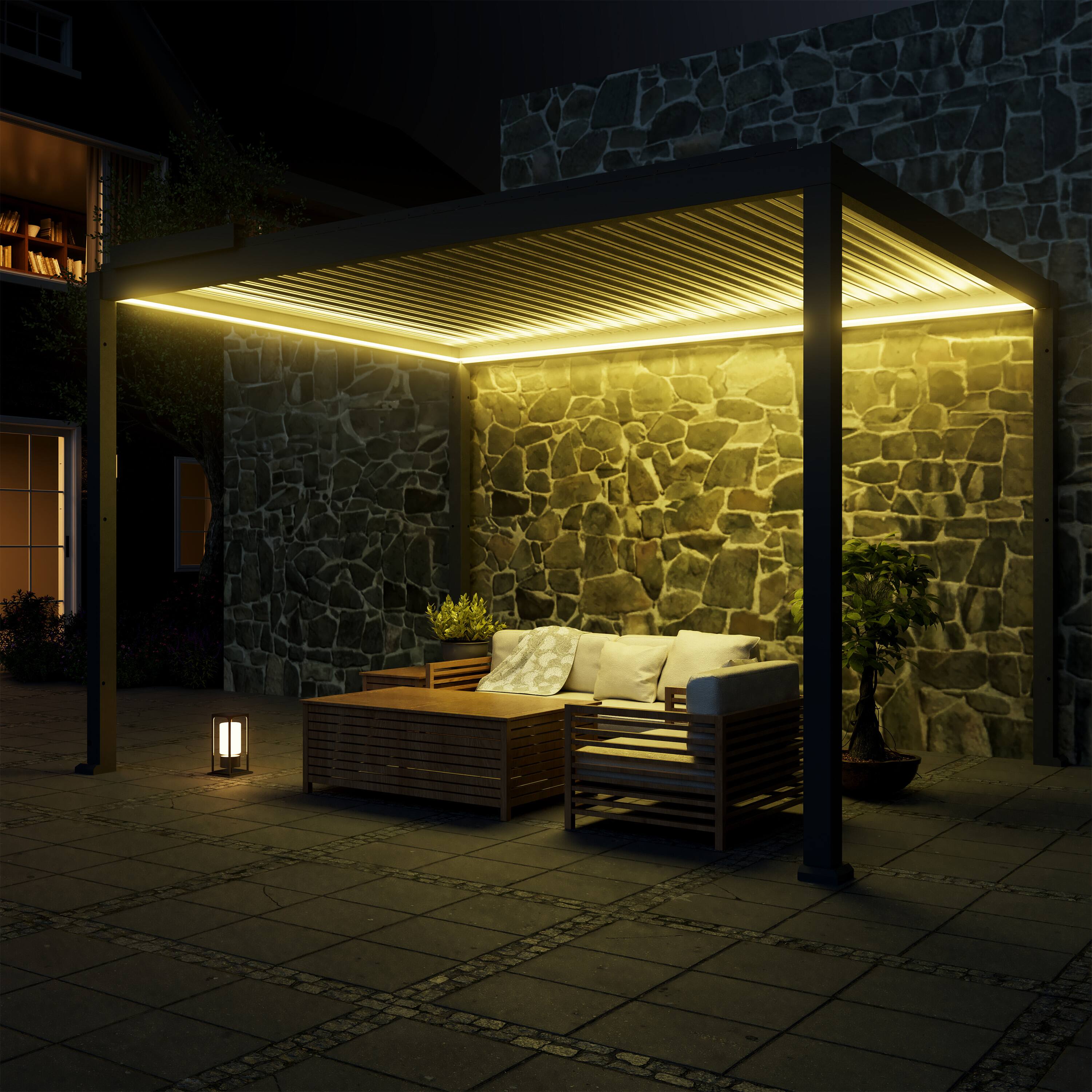 Angle. Mondawe - 10x13FT Electric Adjustable Aluminum Louver Pergola with Integrated LED Lights - Gray.