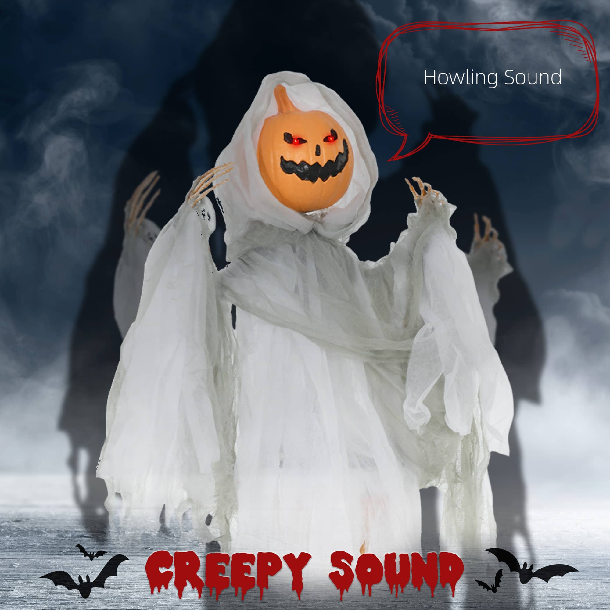 Jandcase - Outdoor Halloween Hanging Pumpkin Ghost with Light-Up Eyes, Sound Activated Howling Prop, Spooky Porch Yard Decoration - White
