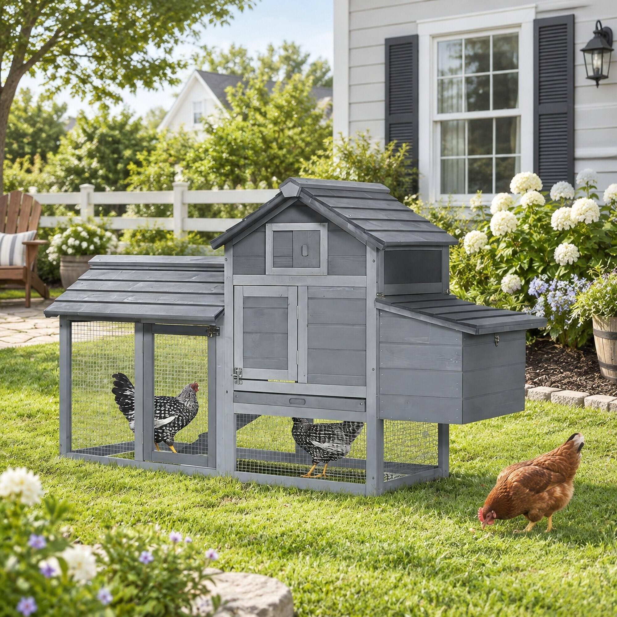 Back. RYHNUYNE - Wooden Chicken Coop, Fir Hen House, Elevated Box and Run, 59.25 in L, Grey.