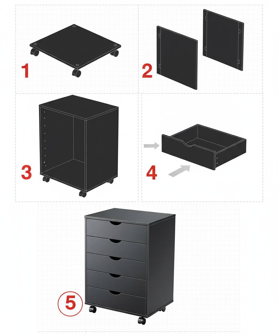 Alt View 2. AOITUN - Dark Black Wood 5-Drawer Chest - Rolling Dresser with Drawers for Bedroom & Office - Black.