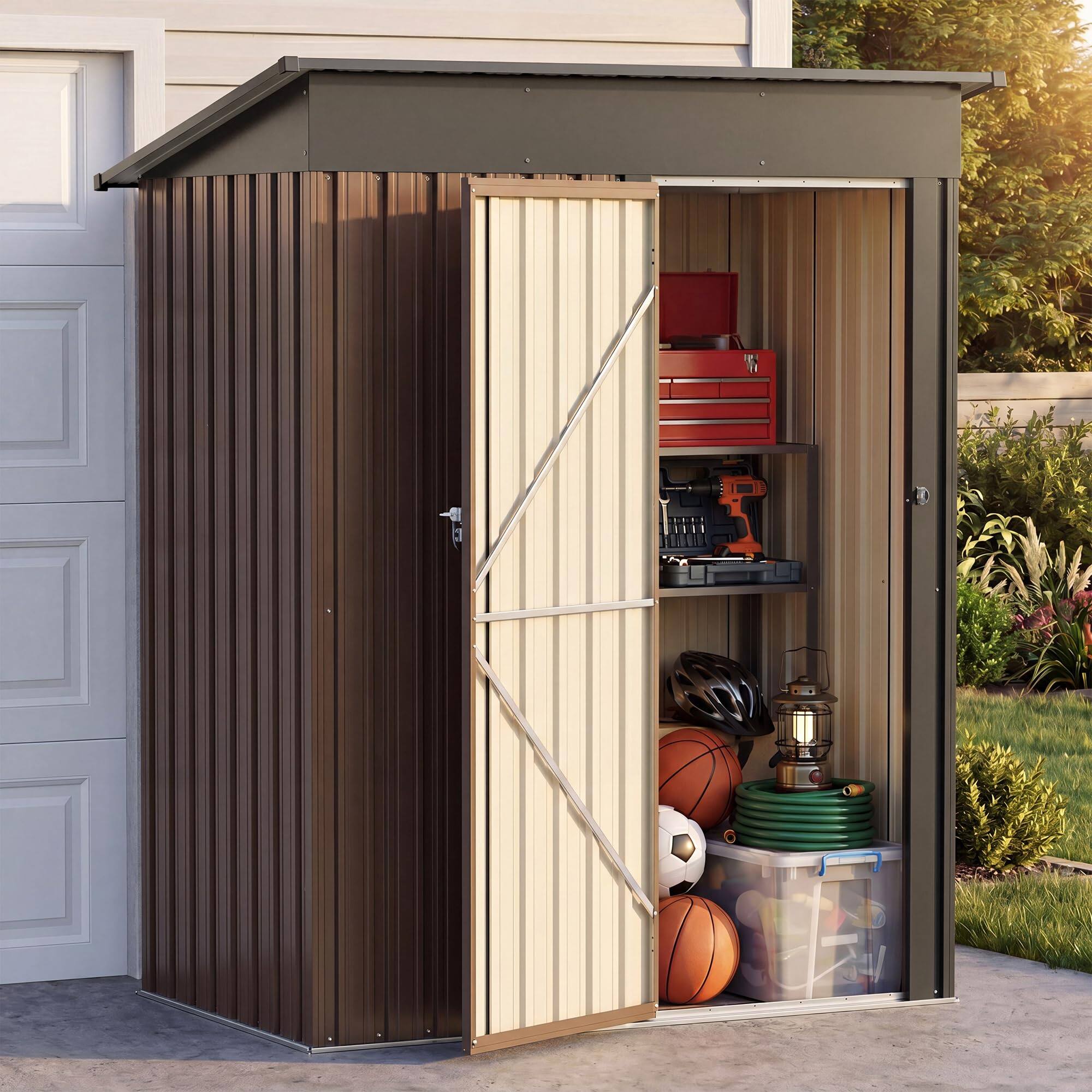 Front. LAUSAINT HOME - 5x3 FT Galvanized Steel Storage Shed Lockable Tool Shed with Air Vent and Sloped Roof for Backyard Patio Garden - Brown.