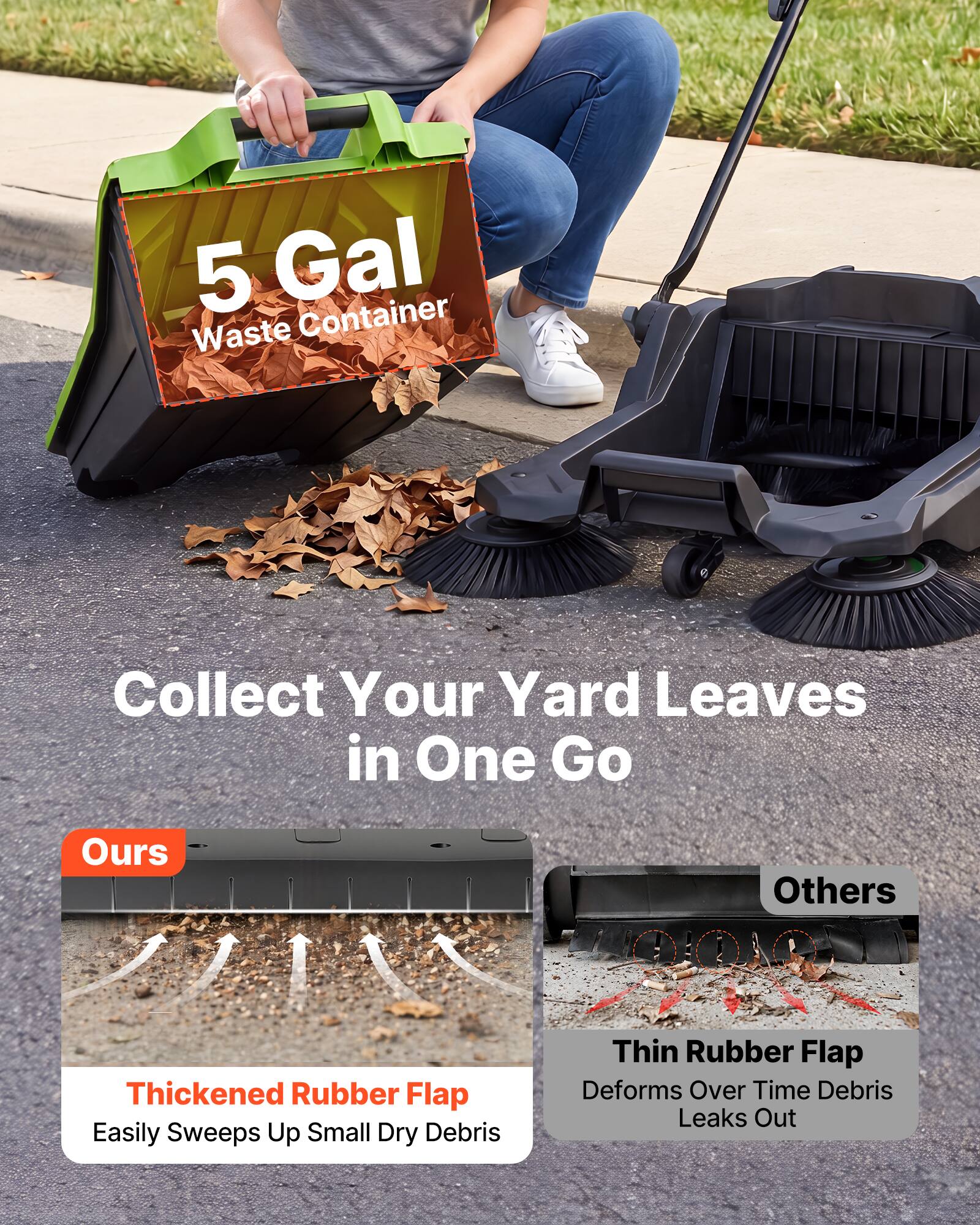 5 Gal Waste Container  
Collect Your Yard Leaves in One Go  

Ours  
Thickened Rubber Flap  
Easily Sweeps Up Small Dry Debris  

Others  
Thin Rubber Flap  
Deforms Over Time Debris Leaks Out