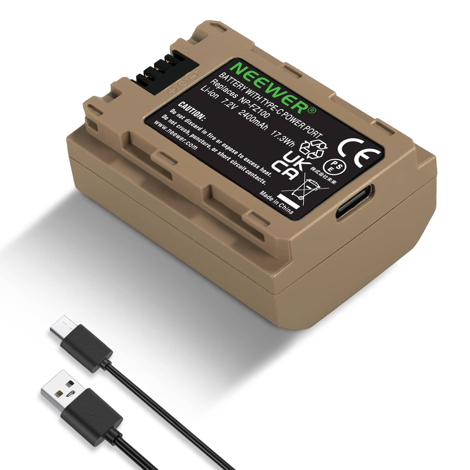 Neewer - NP-FZ100 Replacement Battery for Sony - 2400mAh with USB-C Cable for A7 IV, FX3, ZV-E1 & More