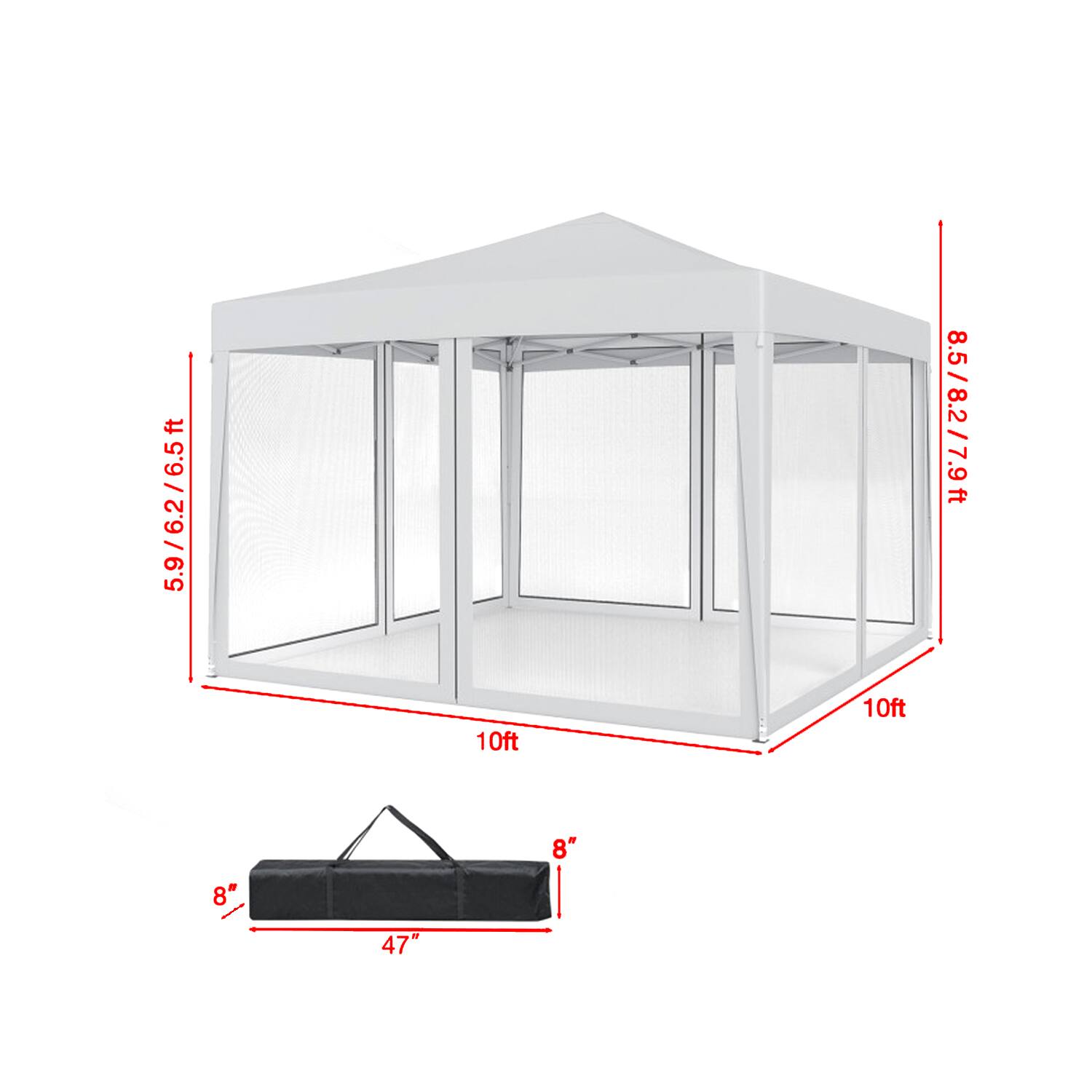 5.9/6.2/6.5ft  
8.5/8.2/7.9ft  
10ft  
10ft  
8"  
8"  
47"